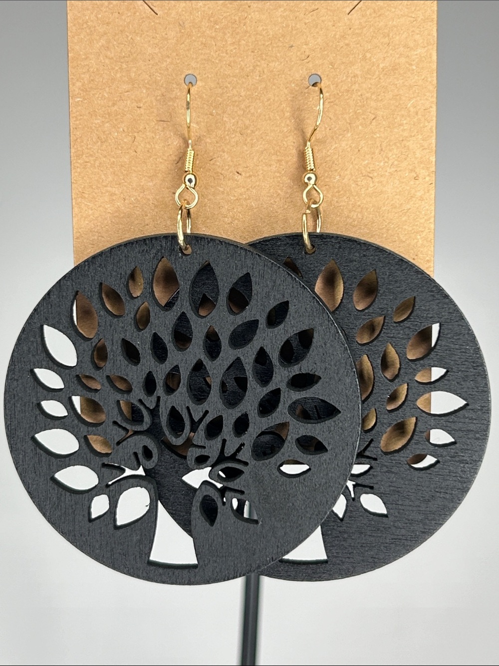 Cutout Tree of Life Black Wooden Dangle Earrings Fashion Jewelry